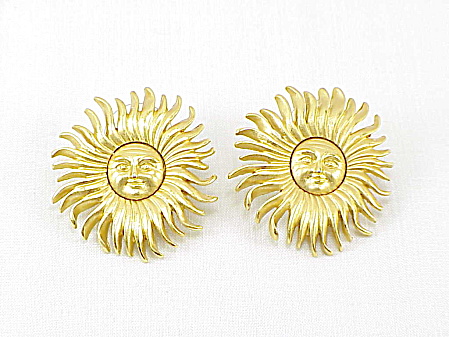 Monet Large Brushed Gold Tone Face In Sun Pierced Earrings