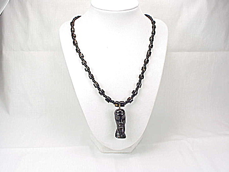 Black Coral And Black Glass Bead Necklace With Carved Coral Pendant