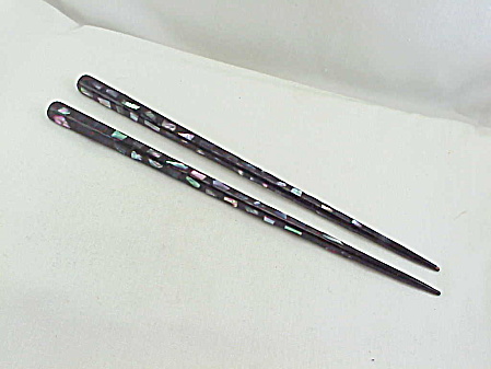 Japanese Hair Sticks Chopsticks Ornaments Black Lacquer With Abalone