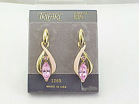 Trifari Dangling Pink Enamel And Rhinestone Pierced Earrings