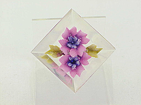Vintage Reverse Carved Lucite Brooch With Pink And Purple Flowers