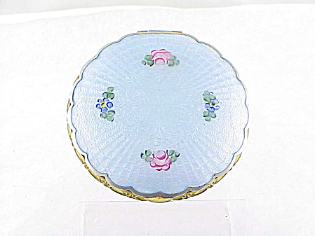 Vintage La Mode Blue Guilloche Enamel With Roses Powder Compact