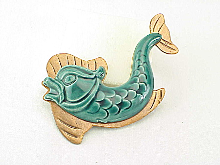Vintage Turquoise Glazed Ceramic Fish Or Dolphin On Copper Brooch