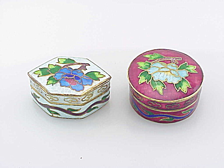 2 Vintage Chinese Cloisonne Enamel Hinged Brass Pill Box With Flowers
