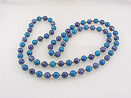Long Lapis Lazuli And Turquoise Bead Necklace With Gold Spacer Beads