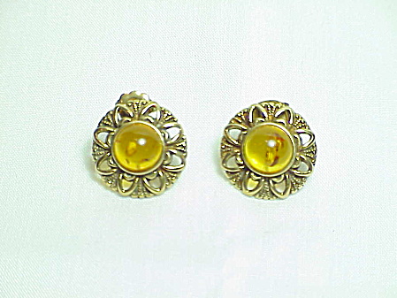 Antiqued Gold Tone Amber Cabochon Pierced Earrings