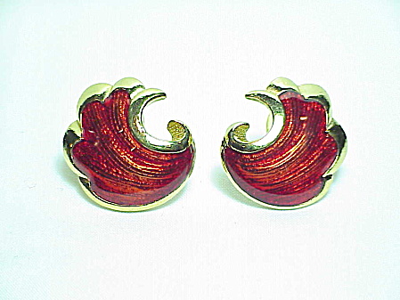 Red Enamel Shell Shaped Pierced Earrings