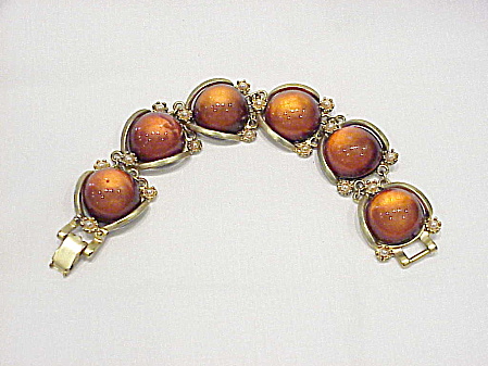 Chunky Amber Lucite And Pearl Matte Gold Tone Bracelet