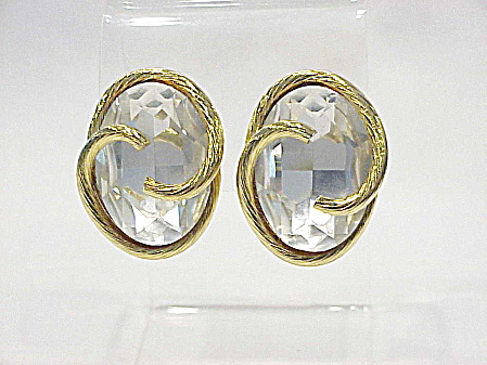 Large Single Clear Rhinestone Gold Tone Clip Earrings