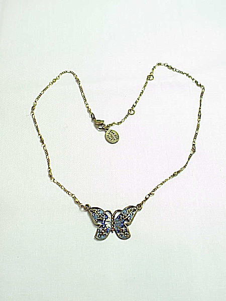 Anne Koplik Designs Blue Enamel And Rhinestone Butterfly Necklace
