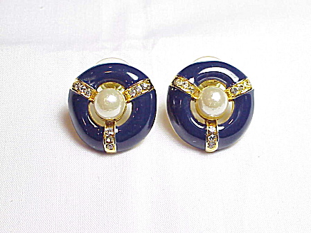 Navy Blue Enamel, Rhinestone And Pearl Pierced Earrings
