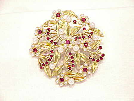 Red Rhinestone And Pearl Matte Gold Brooch Signed N R