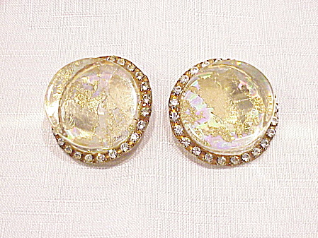 Vintage Large Gold Foil In Thick Lucite And Rhinestone Clip Earrings
