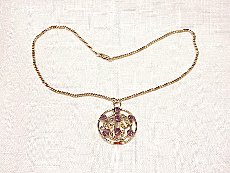 Vintage Amethyst Rhinestone Gold Tone Pendant Necklace
