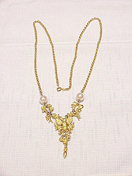 Long Matte Gold Tone And Pearl Cherub Or Angel Necklace