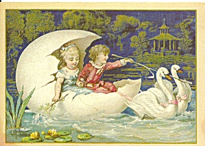 Children In Egg Boat Pulled By Swans Postcard Cs9103