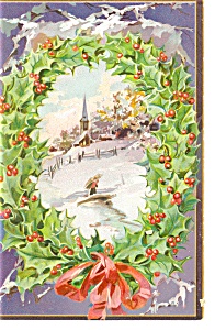 Holly Wreath And Church Raphael Tuck Postcard P10018