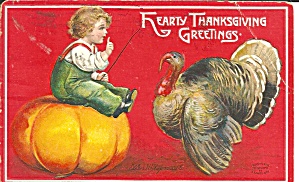 Small Boy With Turkey Thanksgiving Postard 1909 P31808