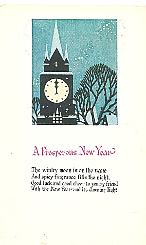 New Years Card With Clock At 12:00 Pm Vintage Postcard P32033