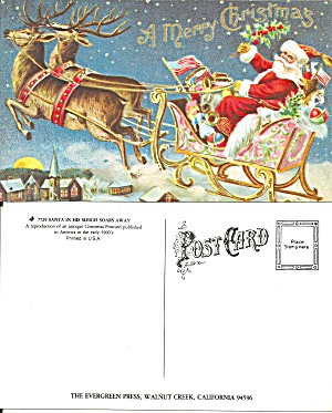 Santa In His Sleigh Soars Away Repro Postcard P36733