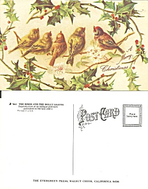Birds Holly Leaves Repro Christmas Postcard P37059