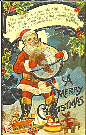 Santa With Globe Repro Postcard P37122
