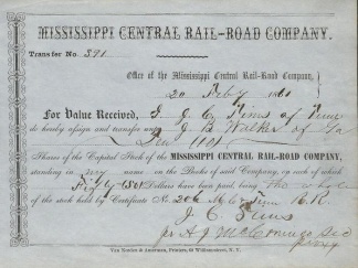 1861 Mississippi Central Rail Road Company Stock Certificate