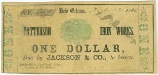 1862 Patterson Iron Works, Louisiana $1 Note