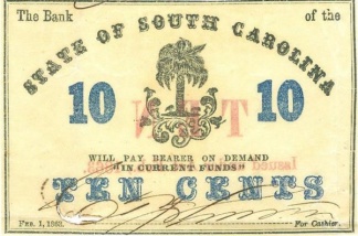 1863 State Of South Carolina 10 Cents Note