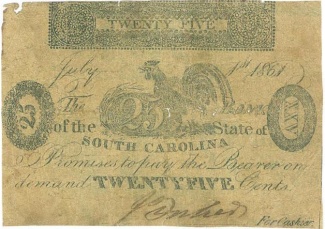 1861 State Of South Carolina 25 Cents Note