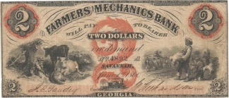 1860 Farmers & Mechanics Bank $2 Note, Savannah, Georgia