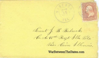 War Date Envelope Addressed To Lieutenant 95th Illinois Infantry