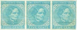 Block Of 3 Five Cents Confederate Postage Stamps