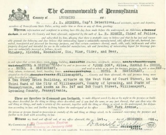 1928 Search Warrant For Illegal Liquor In Pennsylvania