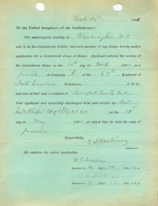 Application For Confederate Cross Of Honor