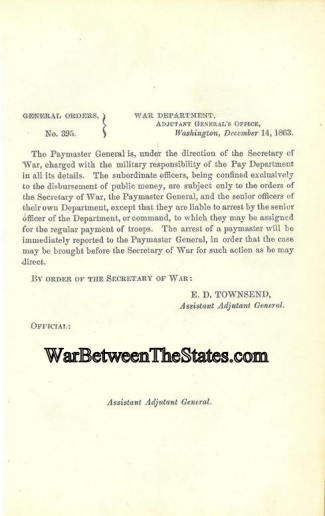 1863 Order Regarding The Paymaster General & Pay Department