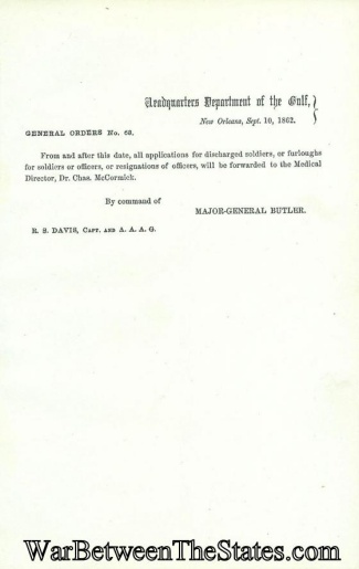 1862 Special Orders From General Butler, Department Of The Gulf