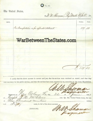 1863 Transportation Payment To U.s. Paymaster In New Orleans, La.