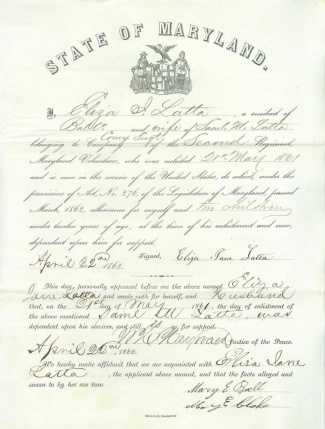 Application For Support By The Wife Of Maryland Civil War Soldier