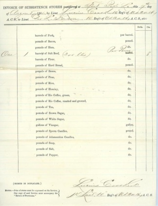 Invoice Of Subsistence Stores, 10th U.s. Colored Cavalry